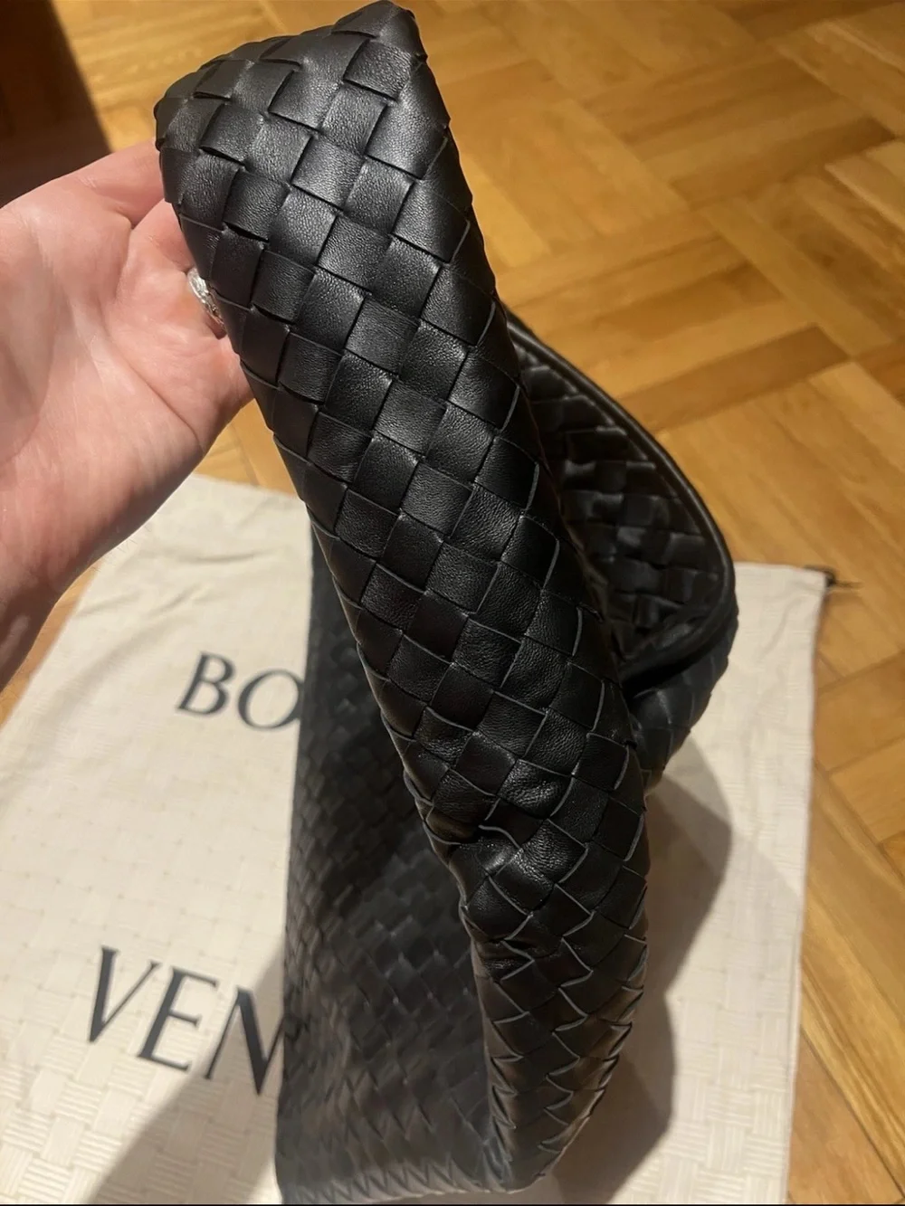 Bottega Veneta Large Black Leather Hop (Hobo) Intrecciato Bag - Authentic & New